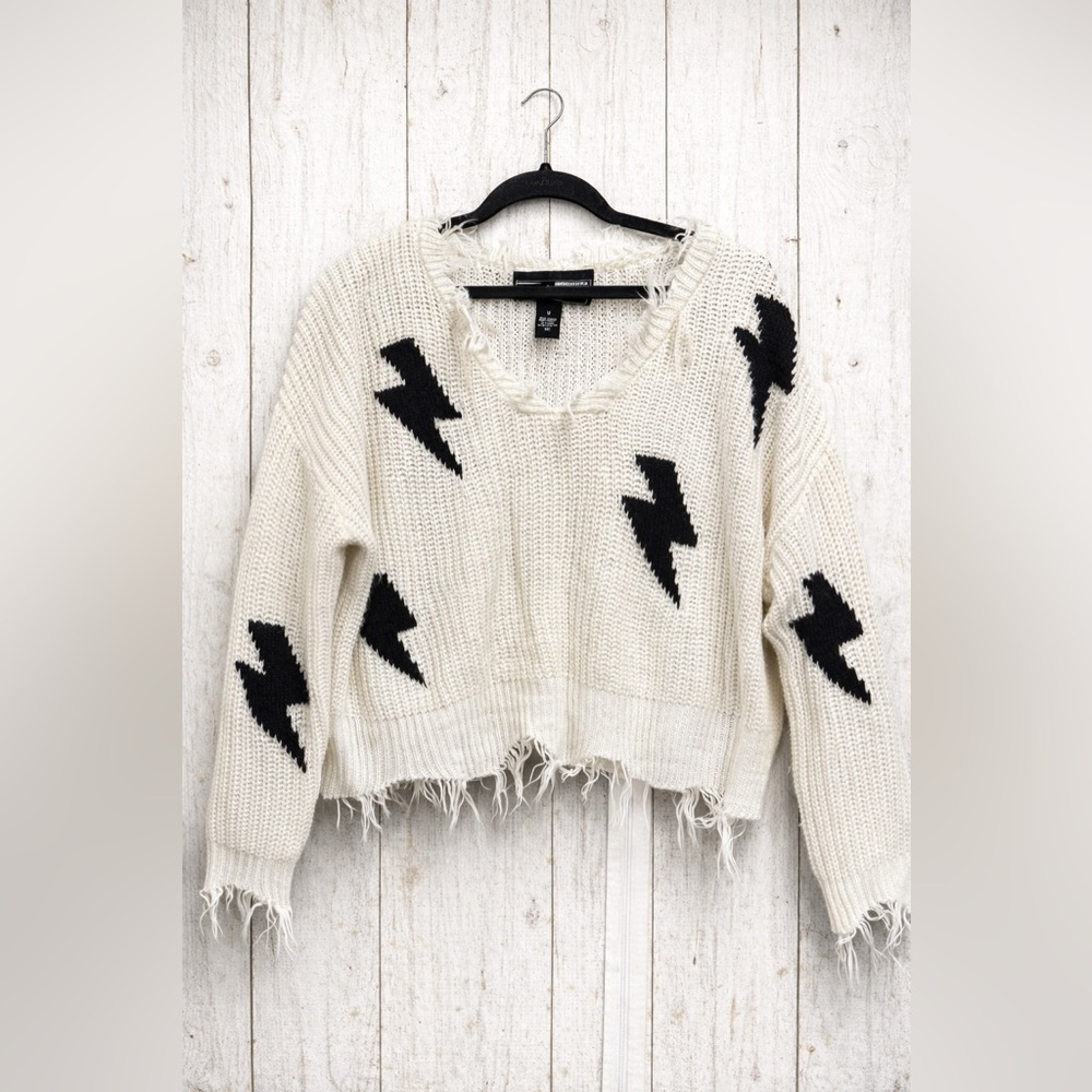 Polly & Esther Distressed Cream Sweater with Black Lightning